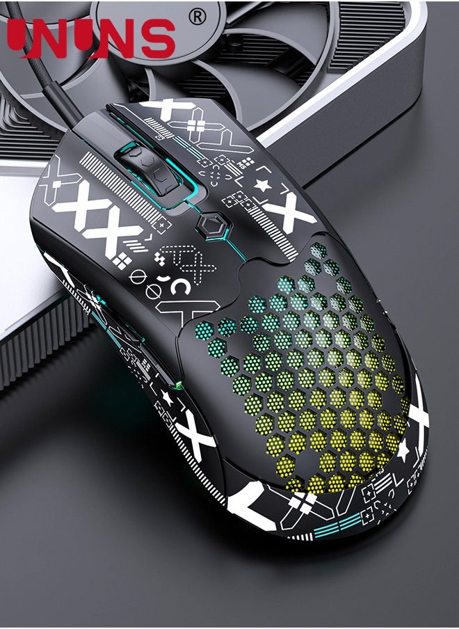 UNUNS - Wired Gaming Mouse,M5 RGB Lightweight PC Gaming Mice With 12000 DPI 6 Programmed Buttons,65g Honeycomb Shell,Ultralight Ultraweave Cable,Pixart 3325 Optical Sensor Gamer Mice,Black - Image 1