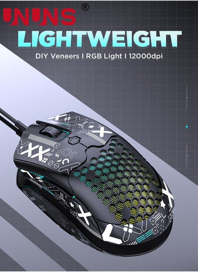 UNUNS - Wired Gaming Mouse,M5 RGB Lightweight PC Gaming Mice With 12000 DPI 6 Programmed Buttons,65g Honeycomb Shell,Ultralight Ultraweave Cable,Pixart 3325 Optical Sensor Gamer Mice,Black - Image 1