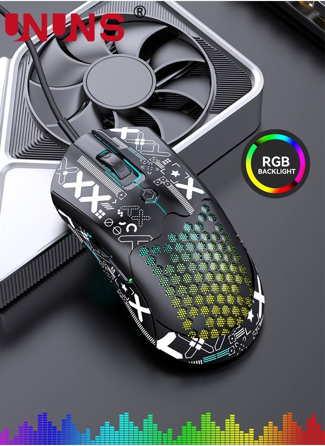 UNUNS - Wired Gaming Mouse,M5 RGB Lightweight PC Gaming Mice With 12000 DPI 6 Programmed Buttons,65g Honeycomb Shell,Ultralight Ultraweave Cable,Pixart 3325 Optical Sensor Gamer Mice,Black - Image 1
