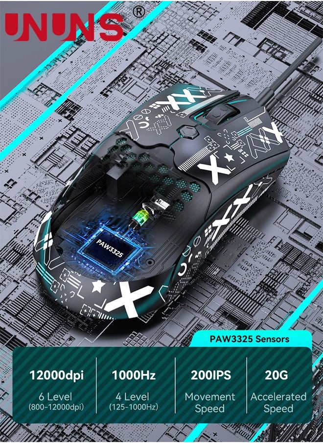 UNUNS - Wired Gaming Mouse,M5 RGB Lightweight PC Gaming Mice With 12000 DPI 6 Programmed Buttons,65g Honeycomb Shell,Ultralight Ultraweave Cable,Pixart 3325 Optical Sensor Gamer Mice,Black - Image 1