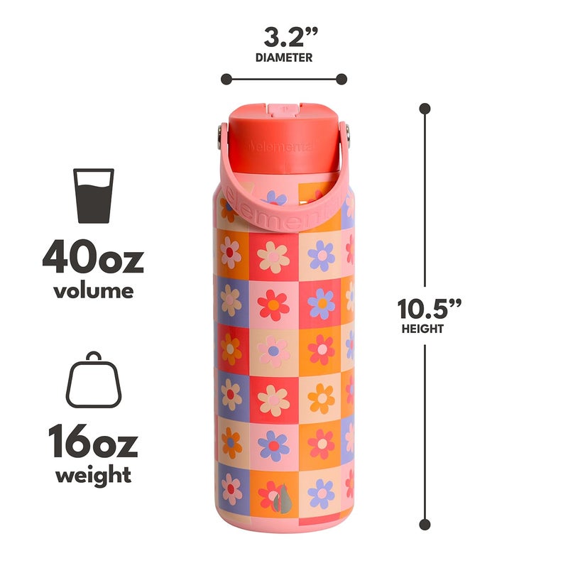 Elemental 40oz Insulated Water Bottle with Straw - 100% Leak-Proof Stainless Steel Core Water Bottles for Travel, Sports and Gym - Double Wall Insulation & BPA Free - Checkered Flower - Image 2