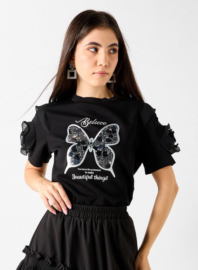 2Xtremz Butterfly Embellished T-shirt with Ruffle Detail Sleeves - Image 1