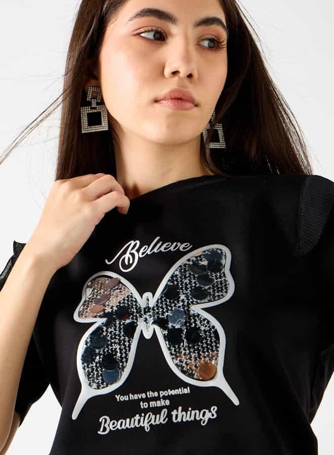 2Xtremz Butterfly Embellished T-shirt with Ruffle Detail Sleeves - Image 4
