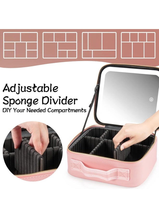 حقيبة مكياج للسفر، حقيبة مستحضرات تجميل محمولة مع مرآة مضيئة ولوحة فرشاة مقسمة قابلة للتعديل، حقيبة تخزين فنية لفرش المكياج وأدوات الزينة والمجوهرات (وردي) - Image 3