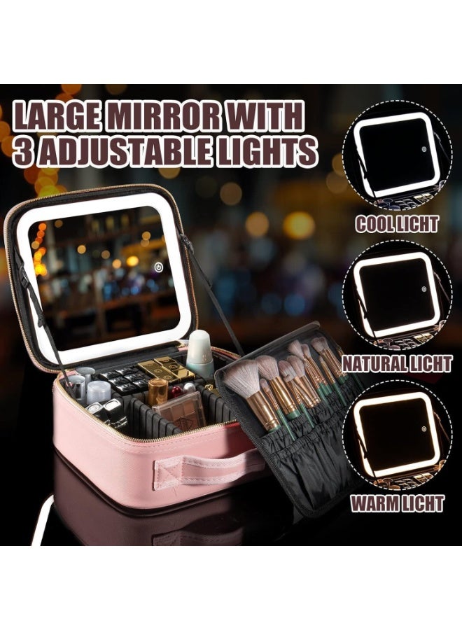 حقيبة مكياج للسفر، حقيبة مستحضرات تجميل محمولة مع مرآة مضيئة ولوحة فرشاة مقسمة قابلة للتعديل، حقيبة تخزين فنية لفرش المكياج وأدوات الزينة والمجوهرات (وردي) - Image 2
