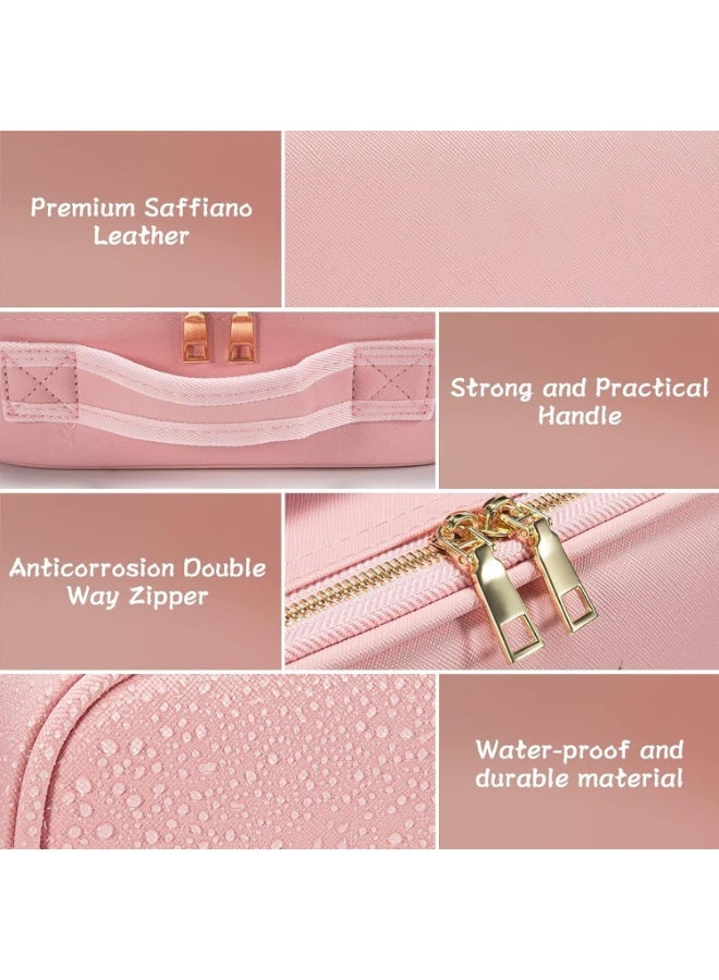 حقيبة مكياج للسفر، حقيبة مستحضرات تجميل محمولة مع مرآة مضيئة ولوحة فرشاة مقسمة قابلة للتعديل، حقيبة تخزين فنية لفرش المكياج وأدوات الزينة والمجوهرات (وردي) - Image 4