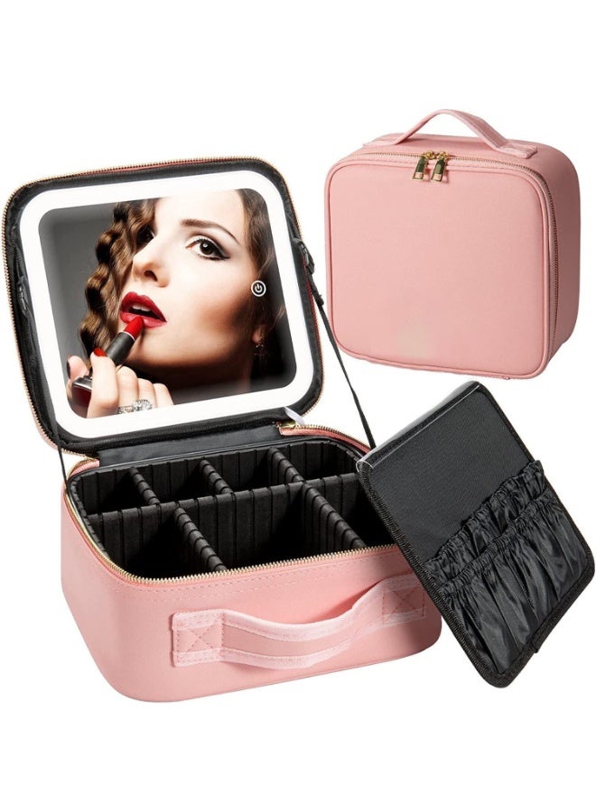 حقيبة مكياج للسفر، حقيبة مستحضرات تجميل محمولة مع مرآة مضيئة ولوحة فرشاة مقسمة قابلة للتعديل، حقيبة تخزين فنية لفرش المكياج وأدوات الزينة والمجوهرات (وردي) - Image 1