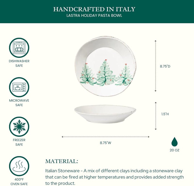 Vietri Vietri Lastra Holiday White and Green Pasta Bowl Soup Salad Spaghetti Server 875 Stoneware Dish  - Image 2