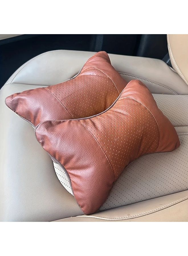 Brown Universal Car Headrest Pillow Faux Leather Neck Cushion Soft Comfortable Breathable - Image 5
