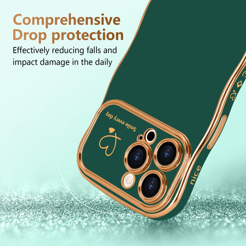 LCHULLE for iPhone 16 Pro Case for Women Girls, Cute Wave Frame Curly Shape with Love Heart Pattern Raised Camera Protection Cover Luxury Plating Shockproof Phone Case for iPhone 16 Pro, Dark Green - Image 3