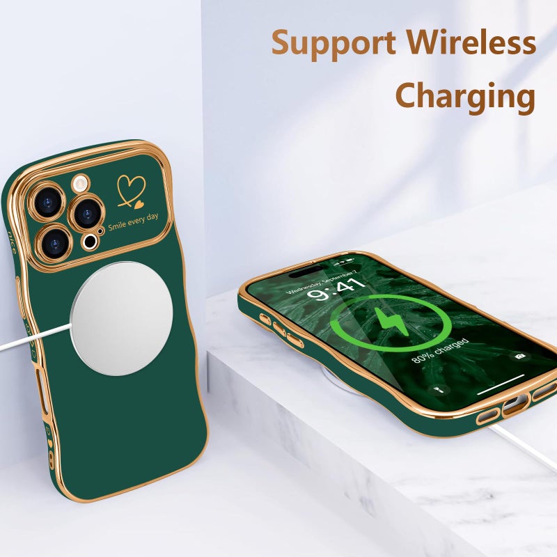 LCHULLE for iPhone 16 Pro Case for Women Girls, Cute Wave Frame Curly Shape with Love Heart Pattern Raised Camera Protection Cover Luxury Plating Shockproof Phone Case for iPhone 16 Pro, Dark Green - Image 5