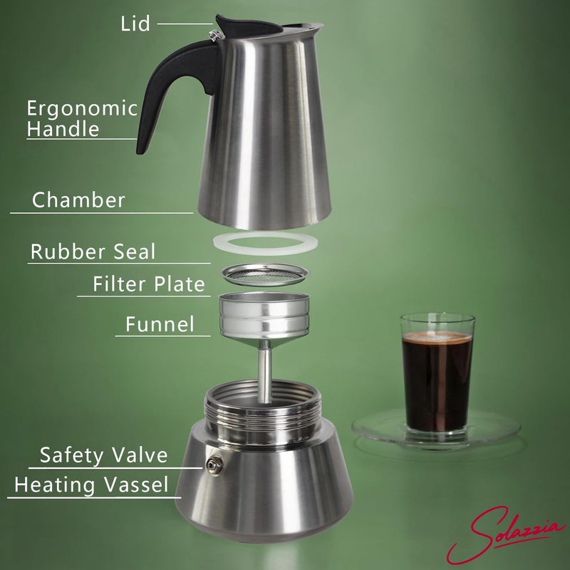 Solazzia 6 Cup Stovetop Espresso Maker Matte Stainless Steel Moka Pot Italian and Cuban Mocha Coffee Maker, Compatible with Gas, Electric, Ceramic, and Induction stovetops(10 fl oz/300 ml) - Image 2