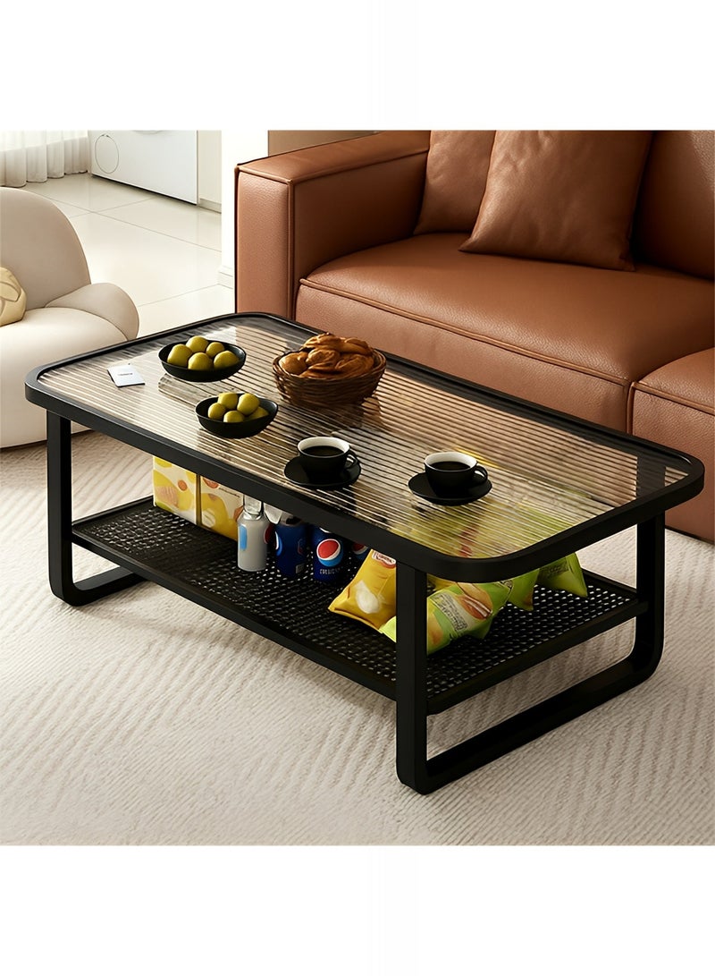 تايمي طاولة قهوة بطبقتين مقاس 42x50x100 سم - طاولة مركزية بسطح زجاجي مقاوم للكسر وإطار معدني مع مساحة تخزين لغرفة المعيشة والمكتب - أسود - Image 5