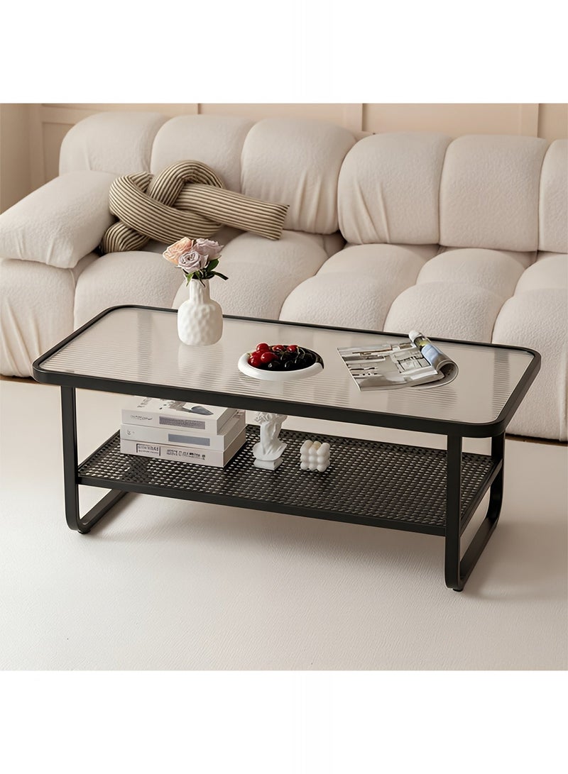 تايمي طاولة قهوة بطبقتين مقاس 42x50x100 سم - طاولة مركزية بسطح زجاجي مقاوم للكسر وإطار معدني مع مساحة تخزين لغرفة المعيشة والمكتب - أسود - Image 3