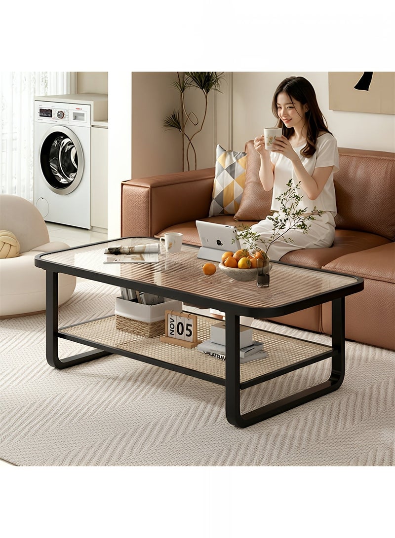 تايمي طاولة قهوة بطبقتين مقاس 42x50x100 سم - طاولة مركزية بسطح زجاجي مقاوم للكسر وإطار معدني مع مساحة تخزين لغرفة المعيشة والمكتب - أسود - Image 4