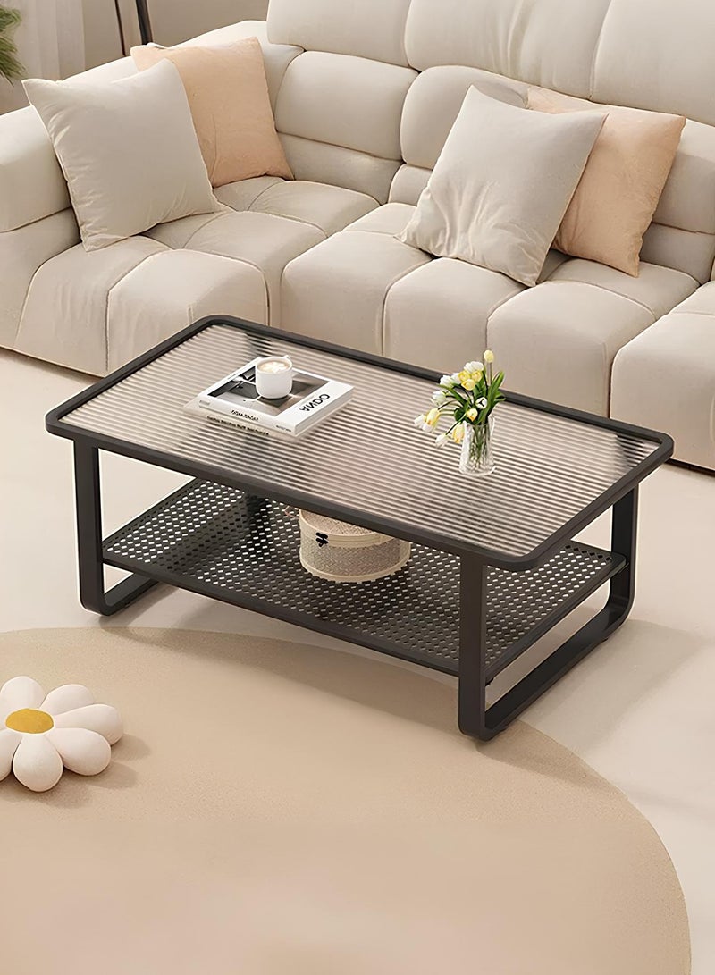 تايمي طاولة قهوة بطبقتين مقاس 42x50x100 سم - طاولة مركزية بسطح زجاجي مقاوم للكسر وإطار معدني مع مساحة تخزين لغرفة المعيشة والمكتب - أسود - Image 1