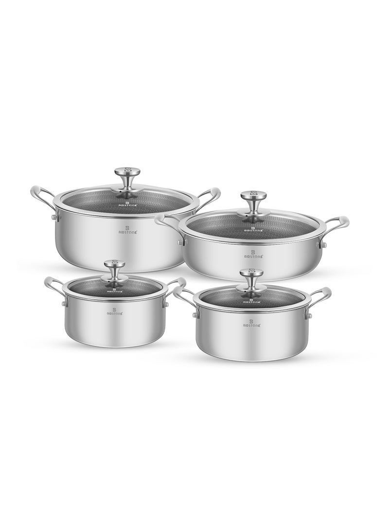 BIDSTONE 8-Piece Premium Honeycomb Coated Cookware Set – 18/10 Stainless Steel Casserole and Shallow Pot with Tempered Glass Lids, Induction & Gas Compatible, Heat-Resistant Handles and Base, Modern Kitchen Essentials with Unique Cooking Surface Technology - Image 1