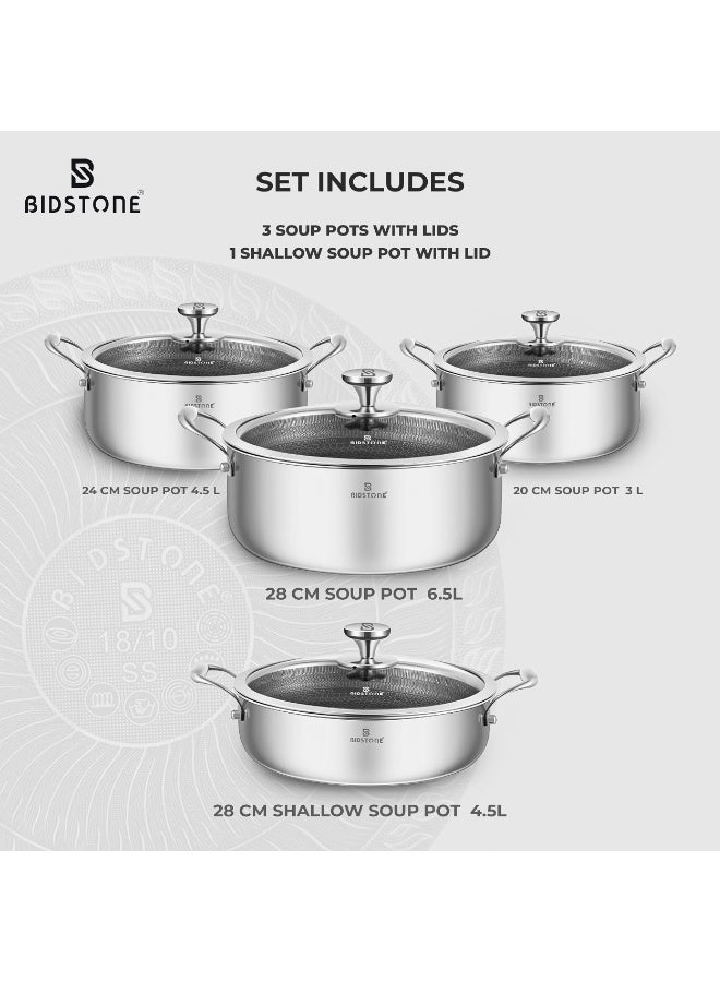 BIDSTONE 8-Piece Premium Honeycomb Coated Cookware Set – 18/10 Stainless Steel Casserole and Shallow Pot with Tempered Glass Lids, Induction & Gas Compatible, Heat-Resistant Handles and Base, Modern Kitchen Essentials with Unique Cooking Surface Technology - Image 2