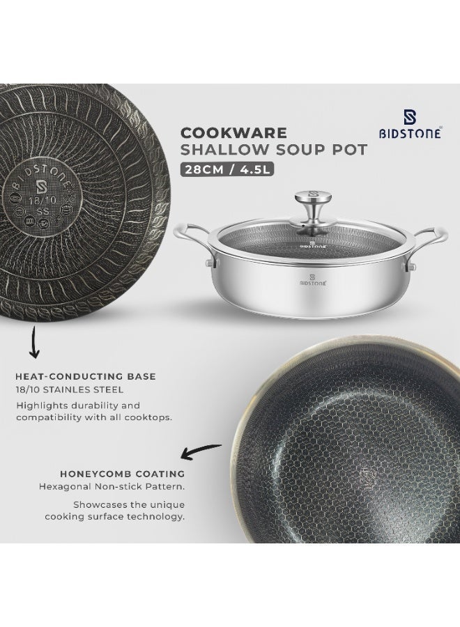 BIDSTONE 8-Piece Premium Honeycomb Coated Cookware Set – 18/10 Stainless Steel Casserole and Shallow Pot with Tempered Glass Lids, Induction & Gas Compatible, Heat-Resistant Handles and Base, Modern Kitchen Essentials with Unique Cooking Surface Technology - Image 4