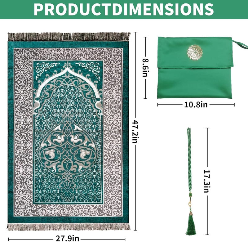 Pomefar Ramadan Prayer Mat, Portable Travel Praying Rug with Prayer Bead & Storage Bag, Foldable Washable Polyester for Women(Green) - Image 3