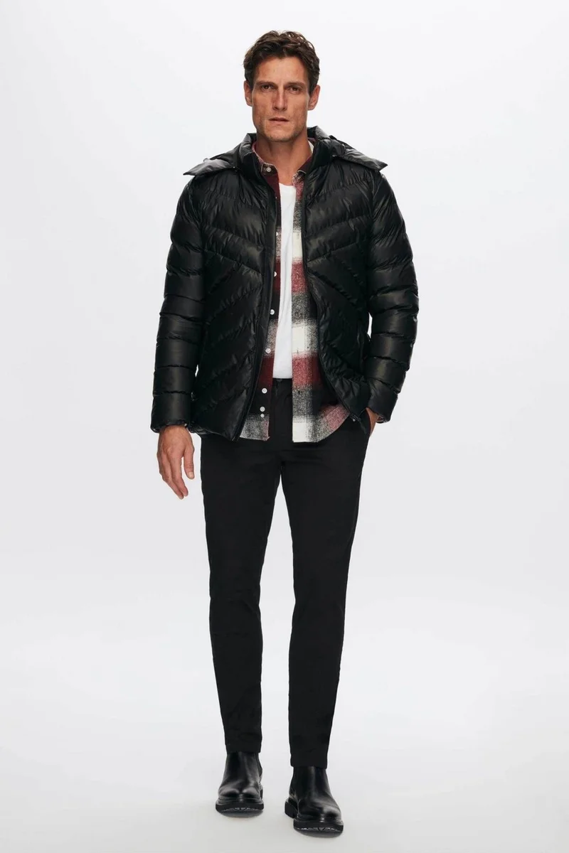 دي أس دامات Slim Fit Black Water Repellent Windproof Fiber Filled Leather Look Detachable Hood 1HF07ORT01910