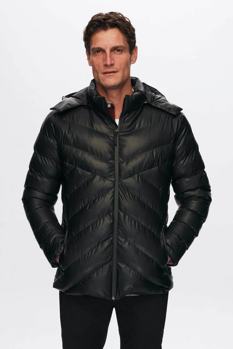دي أس دامات Slim Fit Black Water Repellent Windproof Fiber Filled Leather Look Detachable Hood 1HF07ORT01910
