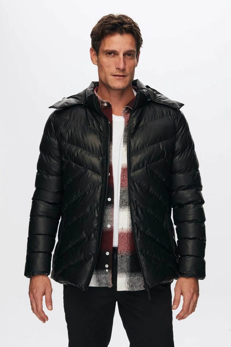 دي أس دامات Slim Fit Black Water Repellent Windproof Fiber Filled Leather Look Detachable Hood 1HF07ORT01910