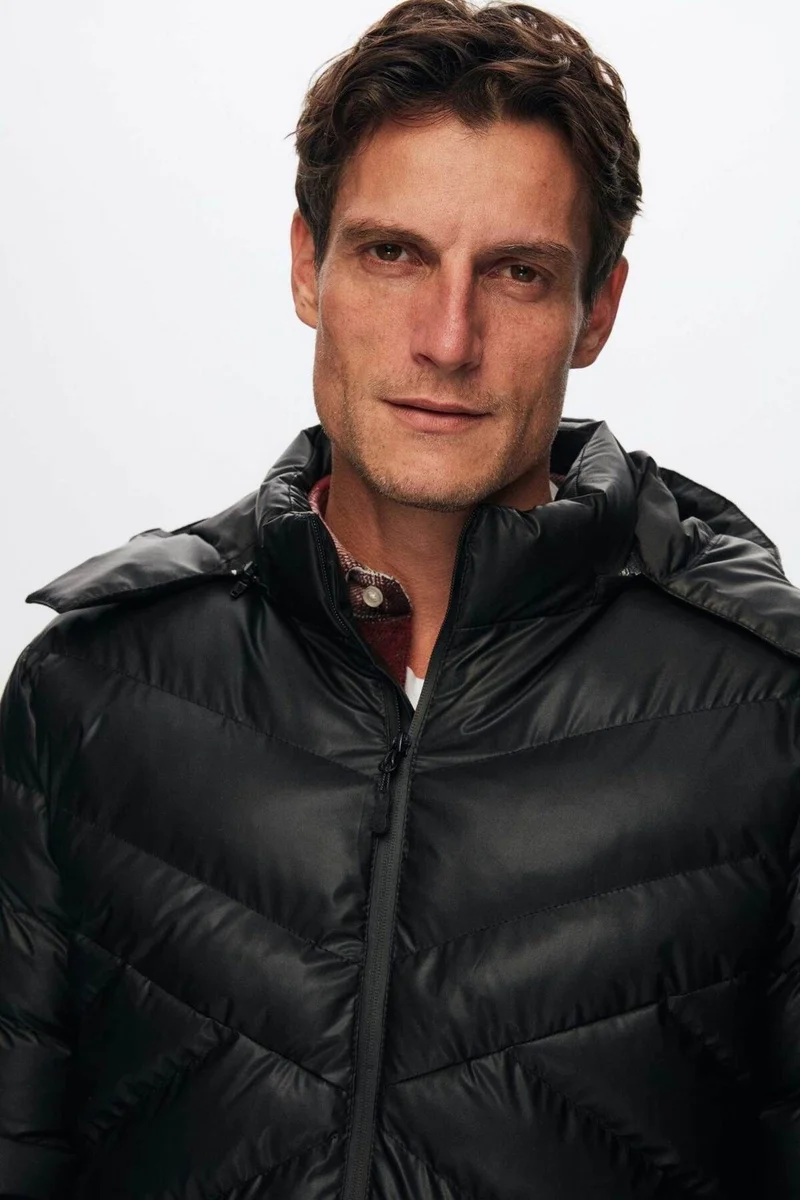 دي أس دامات Slim Fit Black Water Repellent Windproof Fiber Filled Leather Look Detachable Hood 1HF07ORT01910