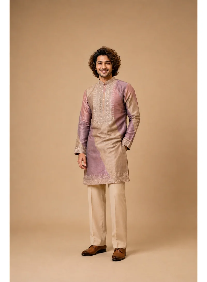 Lehar Lilac Beige Embroidered Silk Kurta Set with Straight Fit Trousers