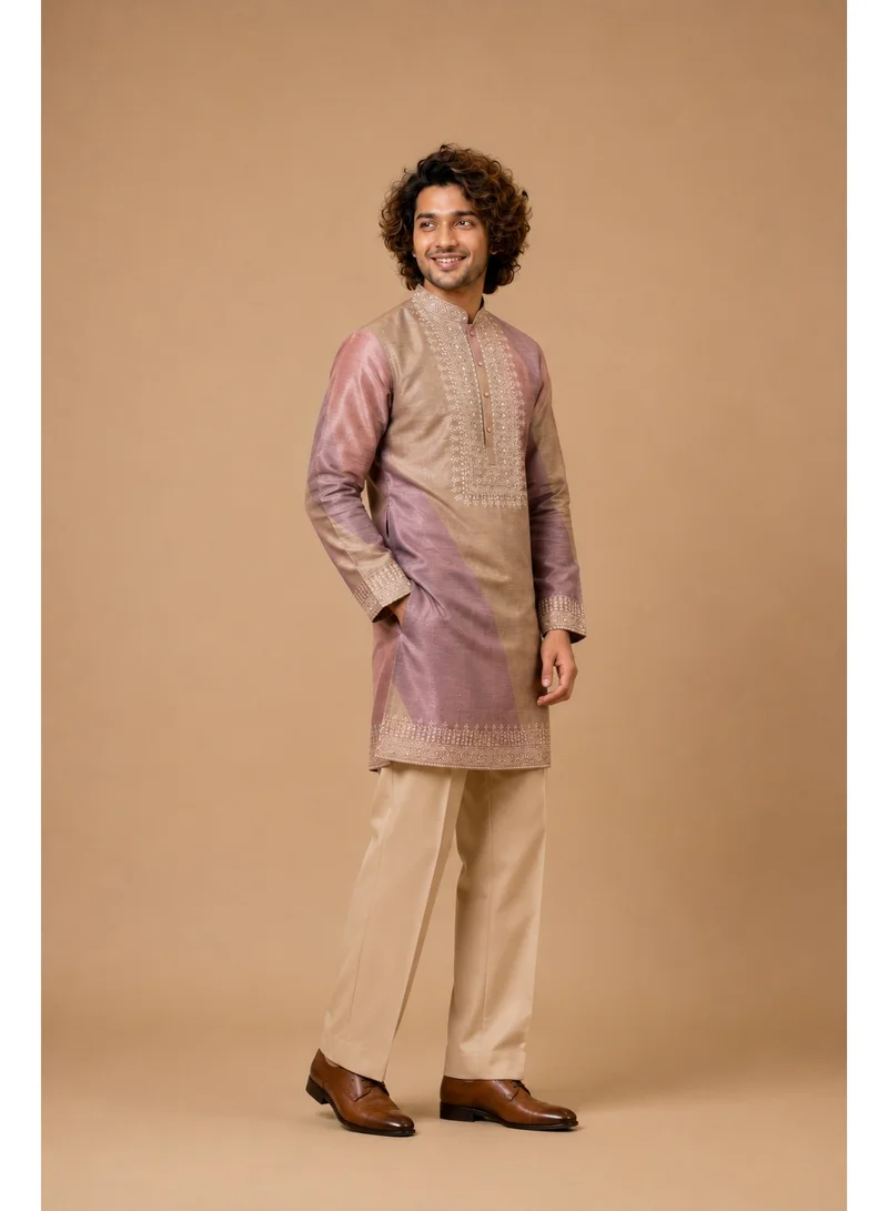 Lehar Lilac Beige Embroidered Silk Kurta Set with Straight Fit Trousers