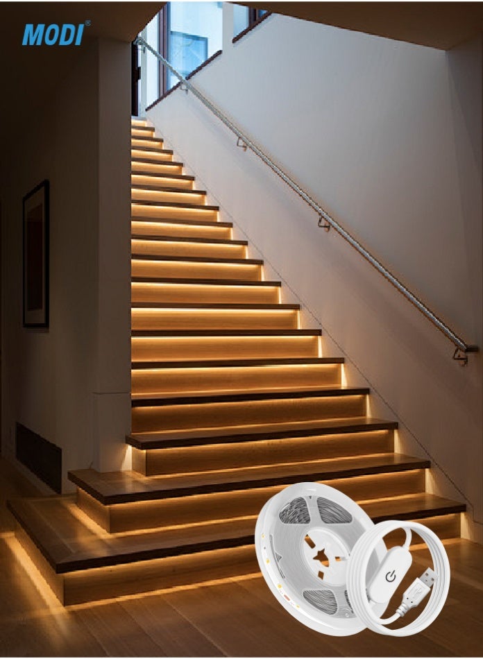 MODI Warm White LED Strip Light 3000K 3M, USB 5V, SMD 2835, 60 LEDs/m, Energy Efficient Flexible Tape Light for Home, Stairs, Cabinets, Wardrobe Lighting - Image 2