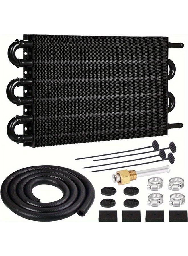 Universal 6 Pass Transmission Oil Cooler Kit Black Aluminum 5/16 Inch - Image 1