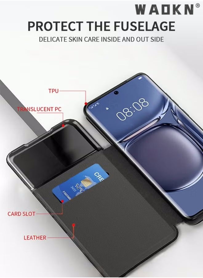 WAOKN - For Samsung Galaxy S24 Ultra Phone Case, Leather Case with Card Holder and Window, Magnetic Flip Cover, Half Window Stand Phone Case Control Book Folio Protective Phone Flip Case for Galaxy S24 Ultra - Image 1