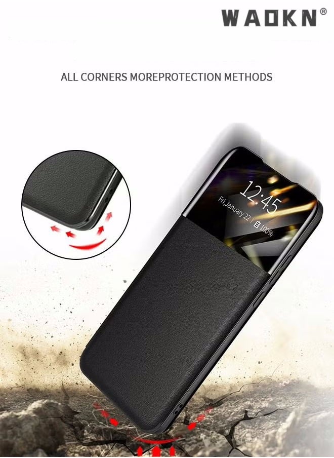 WAOKN - For Samsung Galaxy S24 Ultra Phone Case, Leather Case with Card Holder and Window, Magnetic Flip Cover, Half Window Stand Phone Case Control Book Folio Protective Phone Flip Case for Galaxy S24 Ultra - Image 1