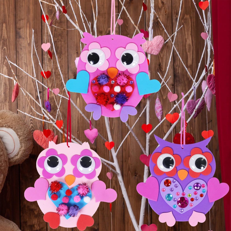 Winlyn 24 Sets Valentine Decorations DIY Heart Owl Ornaments Valentine Craft Kit Valentine Owl Art Sets Hearts Foam Valentine Stickers for Kids Valentines Day Party Classroom Activities Gift Exchange - Image 3