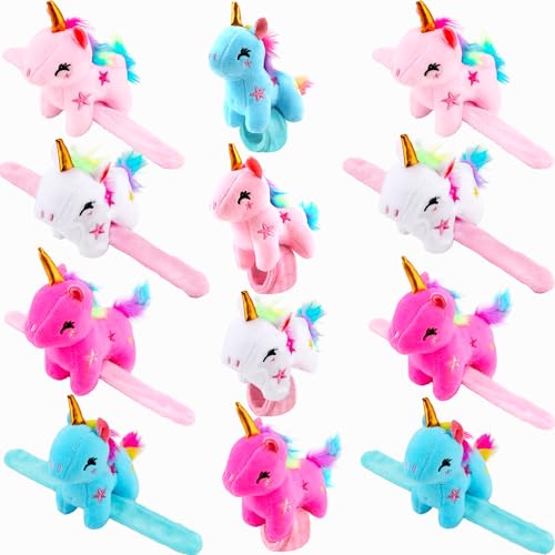 Flahard 12 Pcs Plush Unicorn Slap Bracelet Stuffed Animal Slap Bracelets for Unicorns Party Favor Boys and Girls Birthday Gift Fillers 4 Styles - Image 1