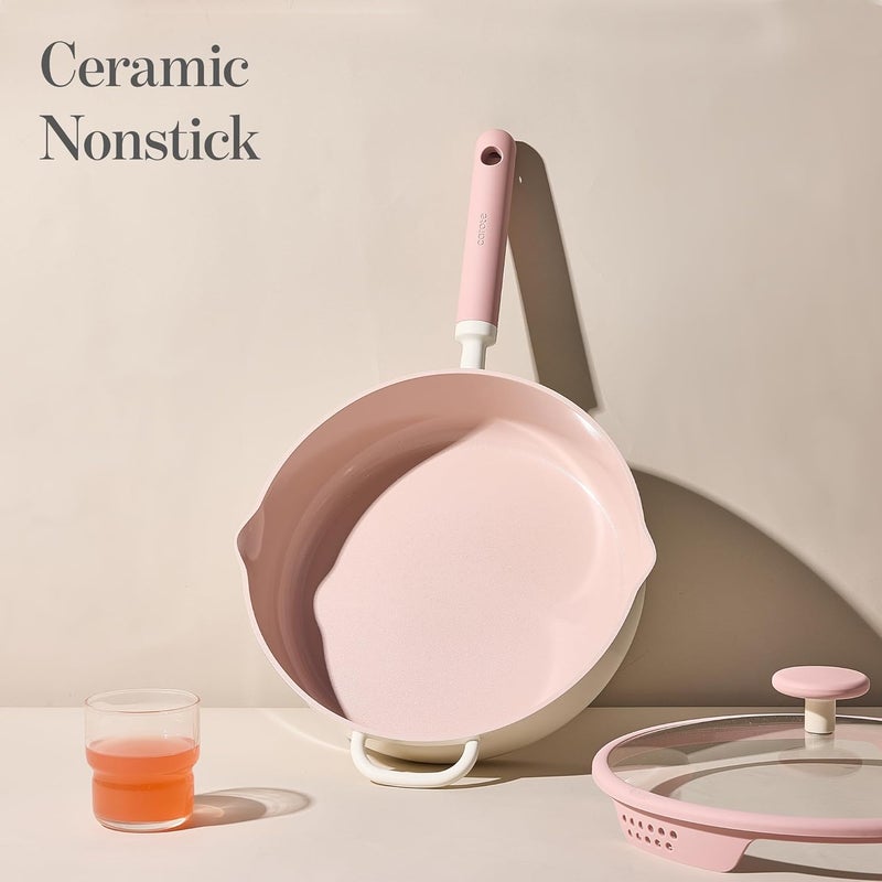 CAROTE 11 Inch Nonstick Deep Frying Pan with Lid, 5 Qt Chef Saute Pan with Pour Spout, Skillet Induction Cookware, Non Stick Cooking Pan Kitchen Pan, Healthy & PFOA/PFAS Free, Includes Spatula, Pink - Image 4