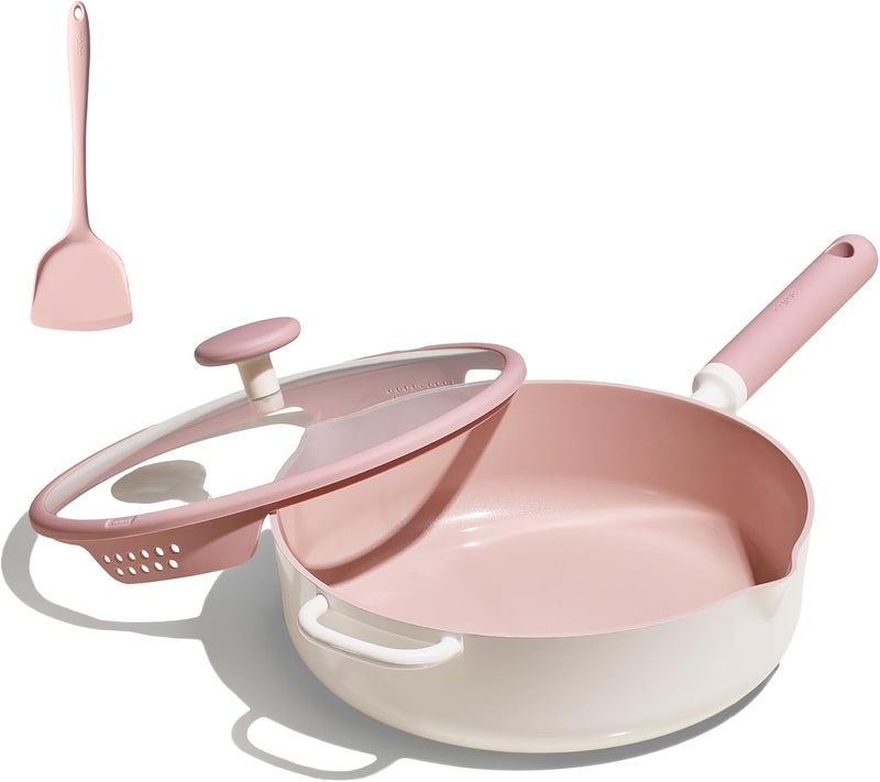CAROTE 11 Inch Nonstick Deep Frying Pan with Lid, 5 Qt Chef Saute Pan with Pour Spout, Skillet Induction Cookware, Non Stick Cooking Pan Kitchen Pan, Healthy & PFOA/PFAS Free, Includes Spatula, Pink - Image 1