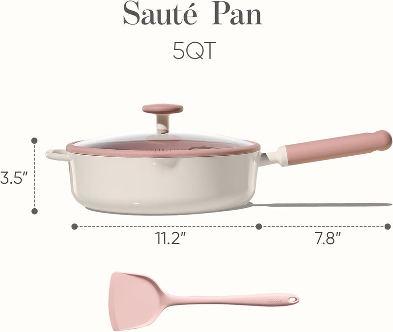 CAROTE 11 Inch Nonstick Deep Frying Pan with Lid, 5 Qt Chef Saute Pan with Pour Spout, Skillet Induction Cookware, Non Stick Cooking Pan Kitchen Pan, Healthy & PFOA/PFAS Free, Includes Spatula, Pink - Image 2