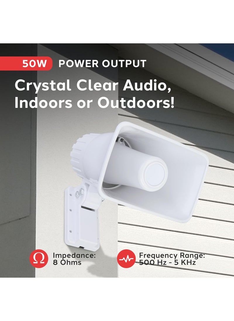 Pyle Pyle Indoor / Outdoor PA Horn Speaker - 6" PA Speaker With 8 Ohms Impedance & 50 Watts Peak Power - Mounting Bracket & Hardware Included - White  - Image 2