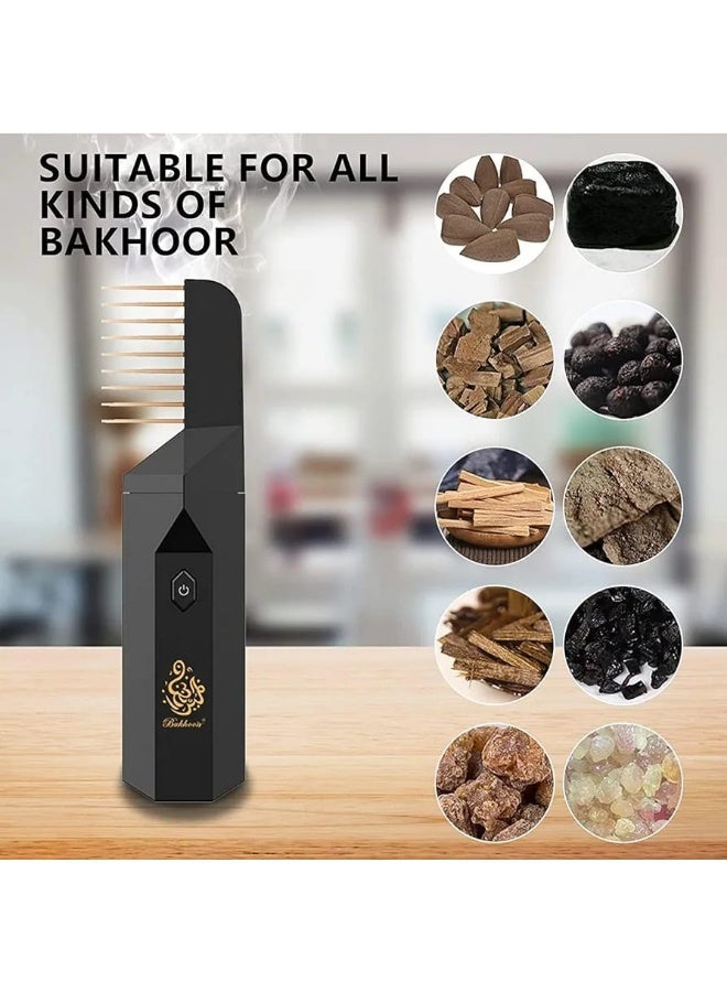 مشط مبخرة إلكتروني محمول – جهاز تبخير بخور للشعر قابل للشحن – تصميم أنيق باللون الأسود - Image 2