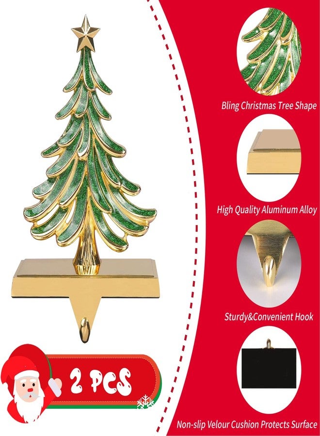 JUSTOTRY 2PC Christmas Stocking Holders for Mantle Glitter Green Xmas Tree Gold Stocking Holder for Fireplace Home Decor Holiday Gifts Christmas Decorations Supplies Non-Skid Durable and Sturdy - Image 2