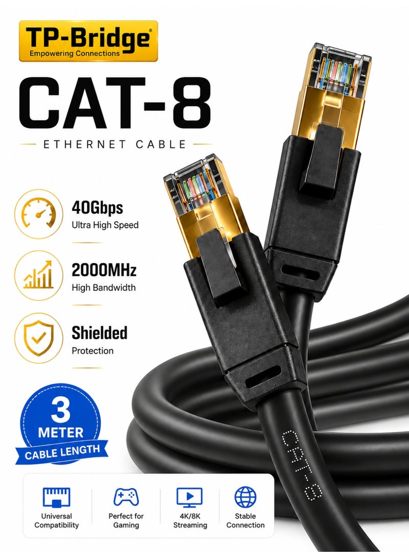 تي بي بردج كابل إيثرنت CAT-8 بطول 3 أمتار - كابل شبكة LAN فائق السرعة 40 جيجابت في الثانية | كابل إنترنت RJ45 محمي بتردد 2000 ميجاهرتز لأجهزة الألعاب، وأجهزة الكمبيوتر، وأجهزة الكمبيوتر المحمولة، وPS5 - Image 1