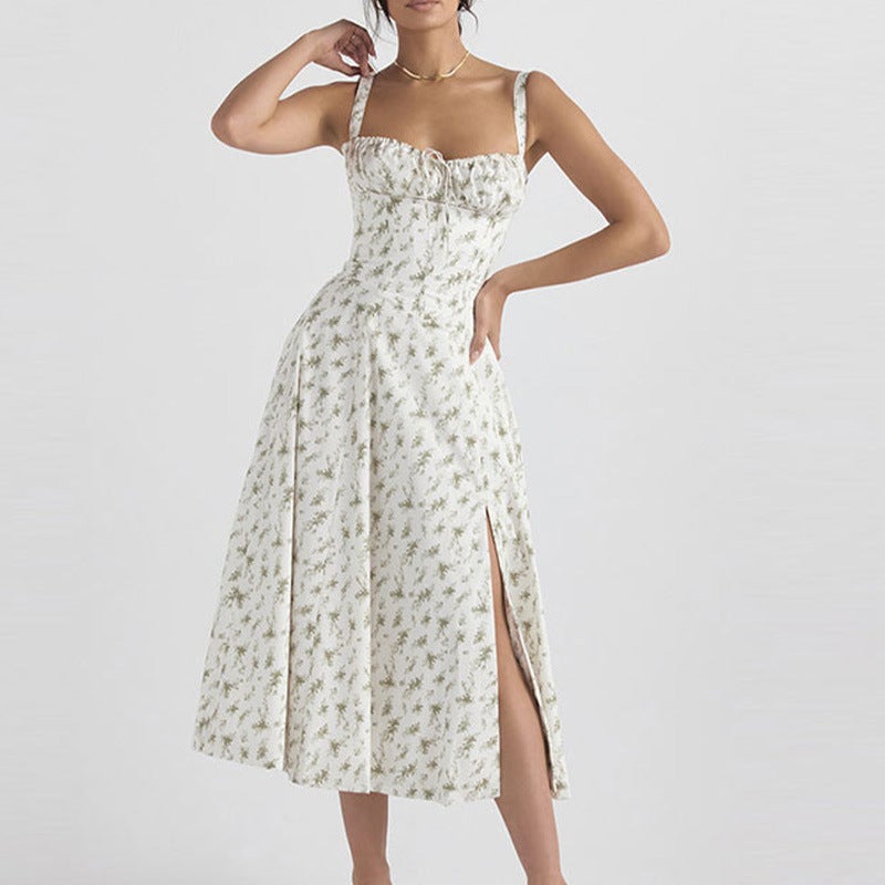 2024 Autumn Floral Print Tie-Up Flounce Mini Dress 24128-white background printing