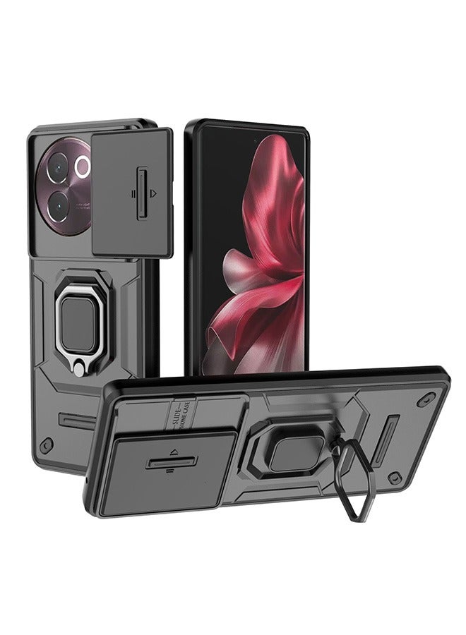 Vivo V30e 5G Case, Shockproof Cases, Anti-Fall Drop Protection, Built-in Slide Anti-Scratch Camera Lens Cover, Integrated 360 Degree Rotating Ring Kickstand, Black - Image 1