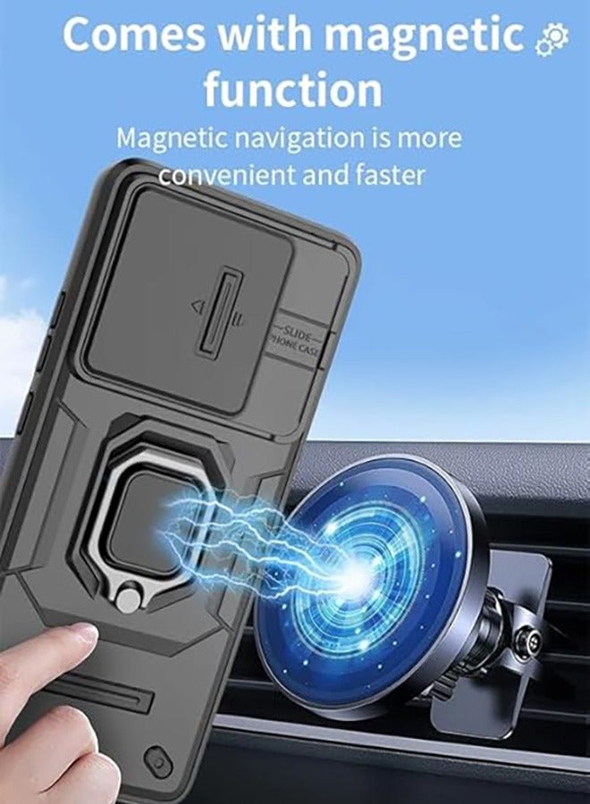 Vivo V30e 5G Case, Shockproof Cases, Anti-Fall Drop Protection, Built-in Slide Anti-Scratch Camera Lens Cover, Integrated 360 Degree Rotating Ring Kickstand, Black - Image 4