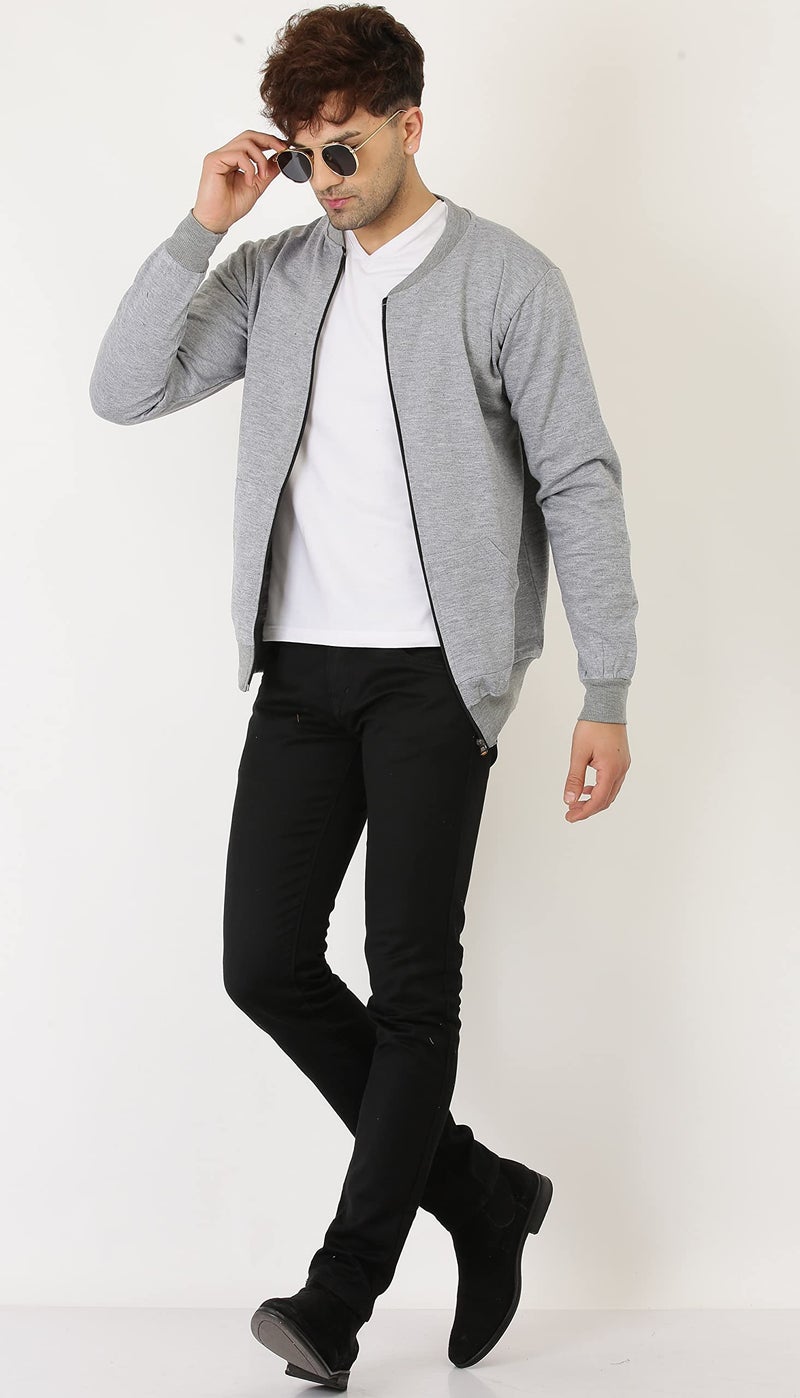 LEOTUDE Men's Loopknit Regular Fit Full Sleeve Solid Bomber Jacket (JKT02_GRY02BL_P_Grey_S) - Image 3
