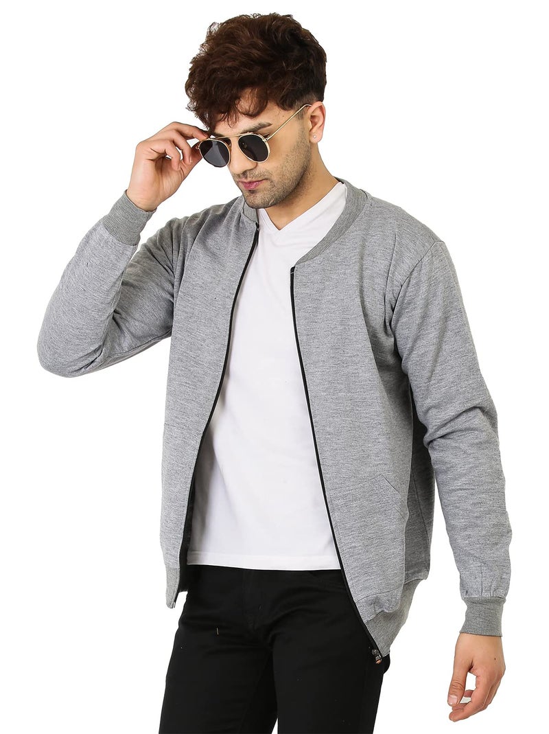 LEOTUDE Men's Loopknit Regular Fit Full Sleeve Solid Bomber Jacket (JKT02_GRY02BL_P_Grey_S) - Image 5