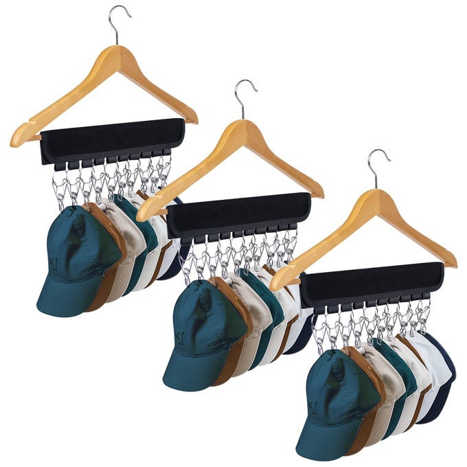 HAT RACK FOR BASEBALL CAPS 3PACK HAT ORGANIZER HANG HAT HANGER FOR CLOSET HAT STORAGE CLIPS HOLDER FOR BALL CAP WINTER BEANIE ACCESSORIES FITS ALL HANGERS 3PC BLACK