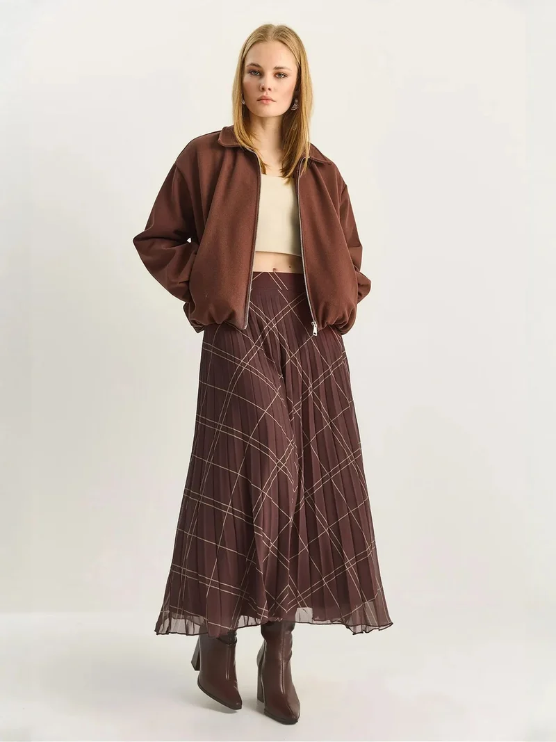 Bianco Lucci Brown LUCCI High Waist Plaid Maxi Skirt for Women | Best Price UAE